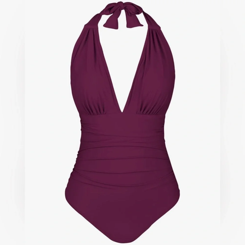 NWT Cupshe Burgundy Wine Tummy Control Halter Onepiece Bathing Suit Swimwear XL - Picture 6 of 13